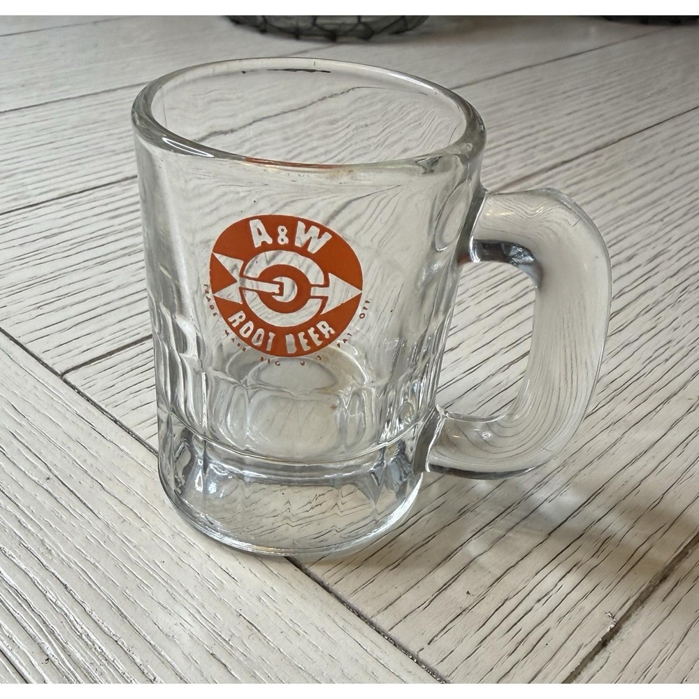 VTG A &W 1960s Root Beer Heavy Clear Glass Mini Mug Arrow Bullseye Logo 3.25" H